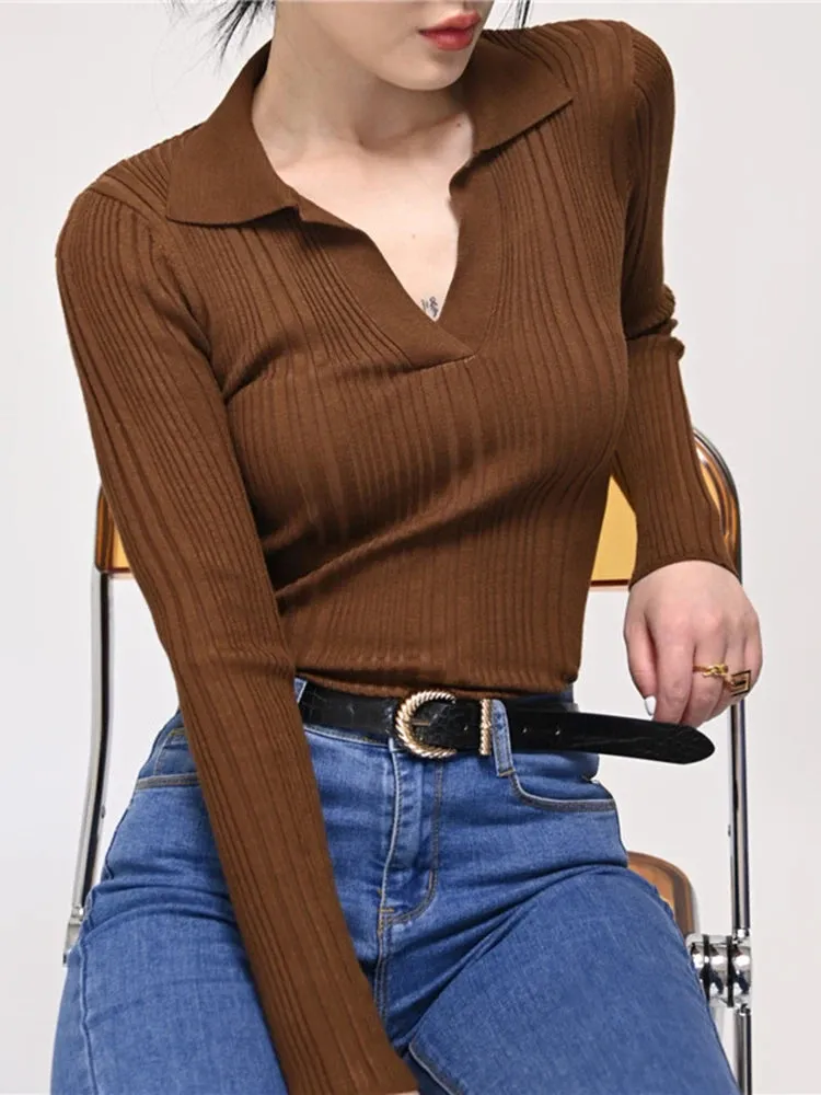 Spring Autumn Lapel Slimming Tops Ladies Sexy V Neck Long Sleeve Soft Bodycon Pullovers C-007