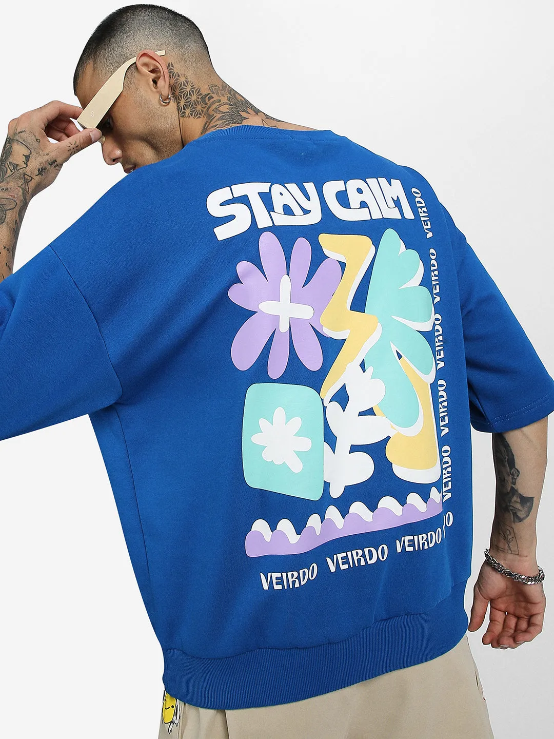 Stay Calm Blue Back Graphic Printed Sweatshirt