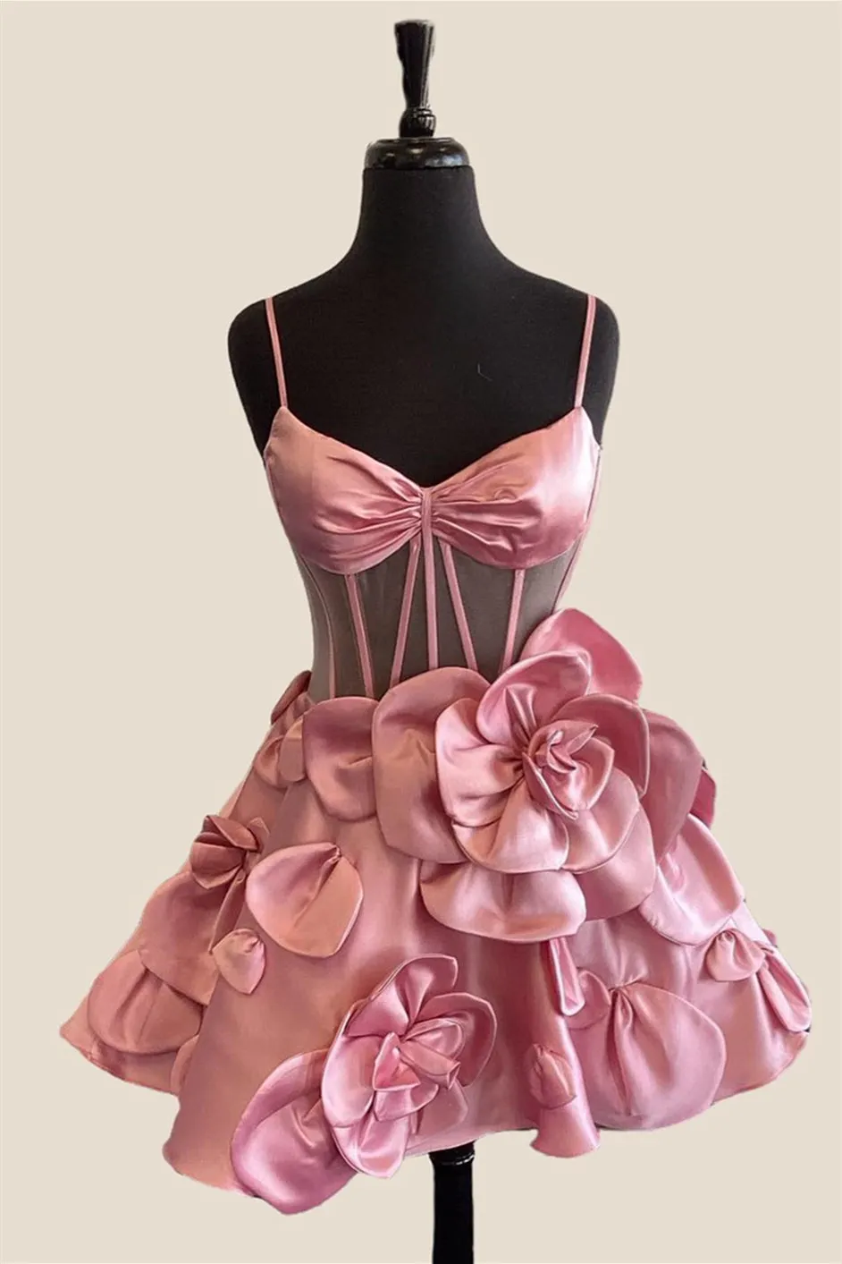 Straps Pink Flowers A-line Short Princess Dress