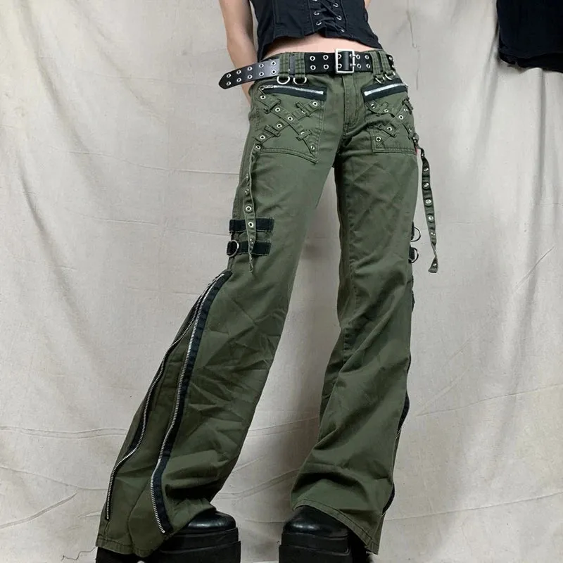 Street Style Low Waist Punk Cargo Pants with Metal Details