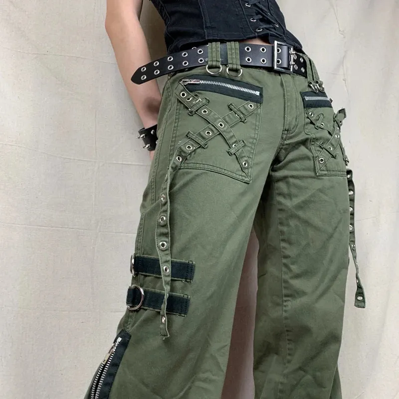 Street Style Low Waist Punk Cargo Pants with Metal Details