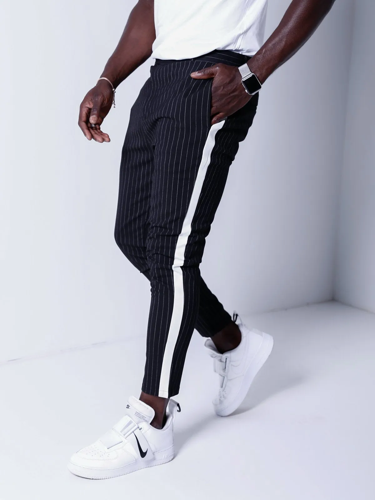 Striped Ankle Pants - Black