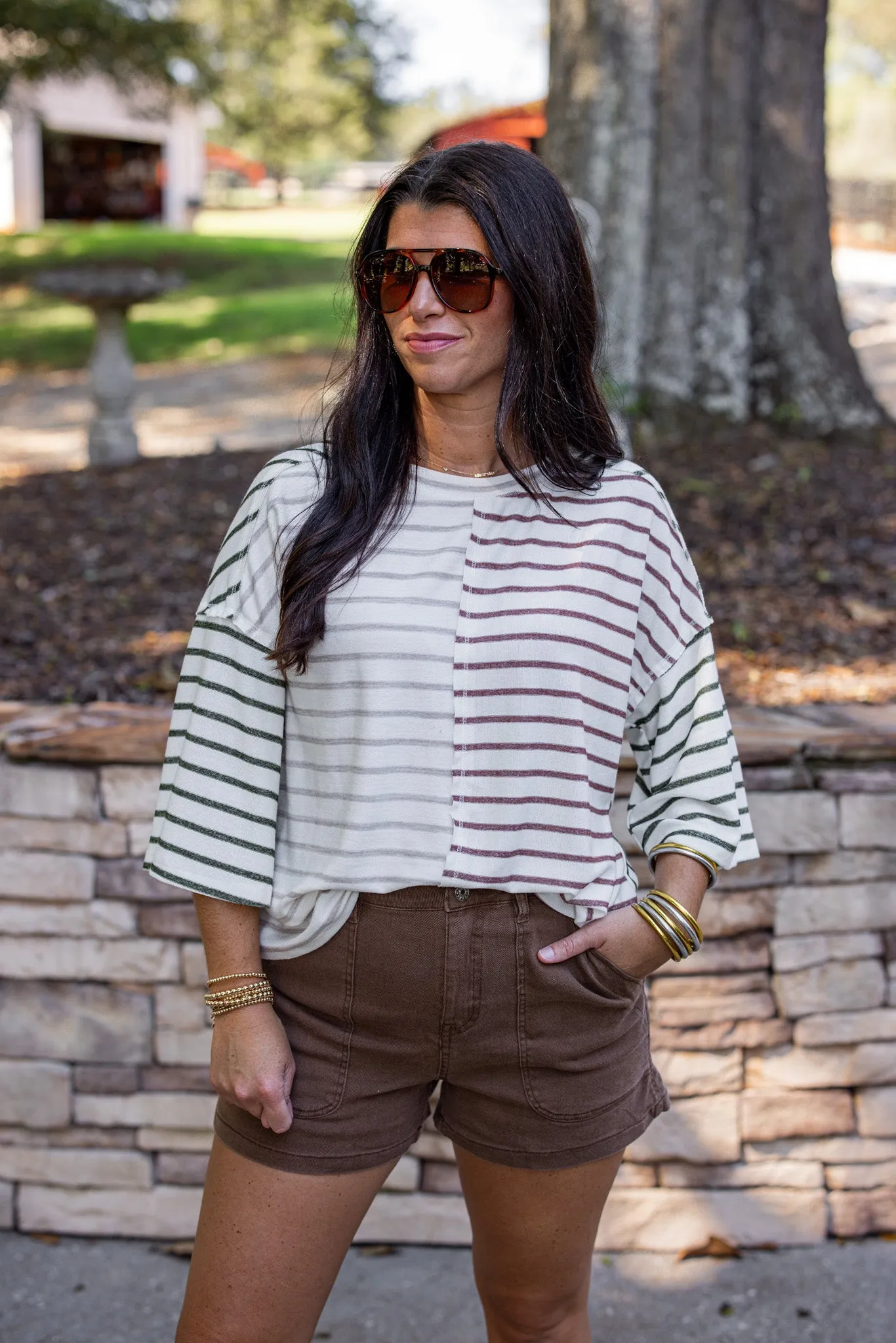 Striped Colorblock Cream Knit Top