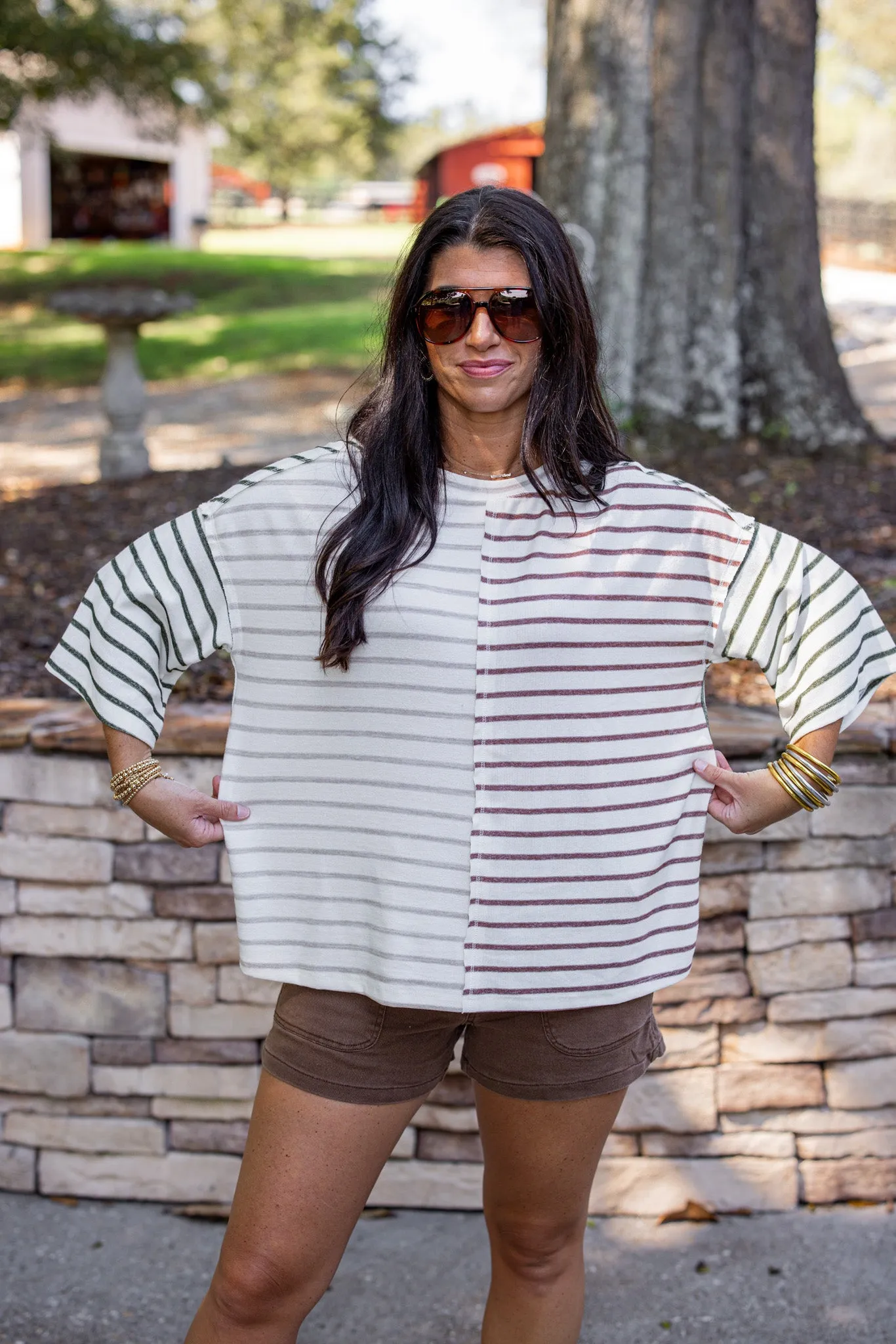 Striped Colorblock Cream Knit Top