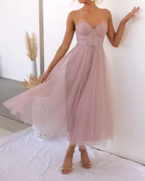 Tie Waist Criss Back Tea Length Bustier Tulle Formal Cocktail Dress