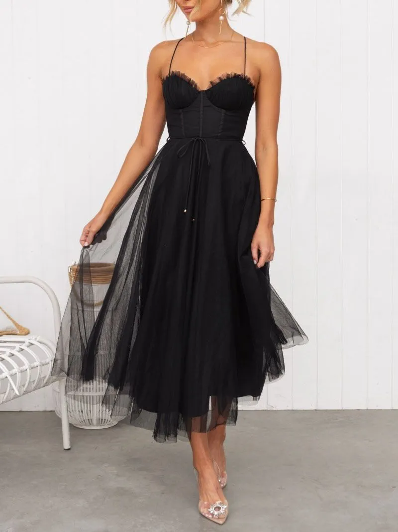 Tie Waist Criss Back Tea Length Bustier Tulle Formal Cocktail Dress