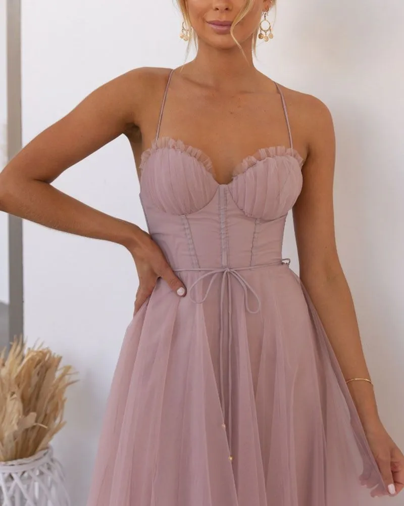 Tie Waist Criss Back Tea Length Bustier Tulle Formal Cocktail Dress