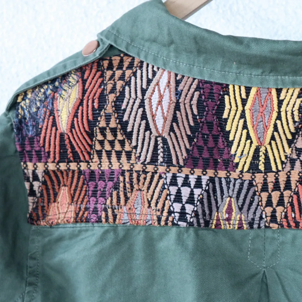 Upcycled Olive Green Jacket with Vintage Guatemalan Textile