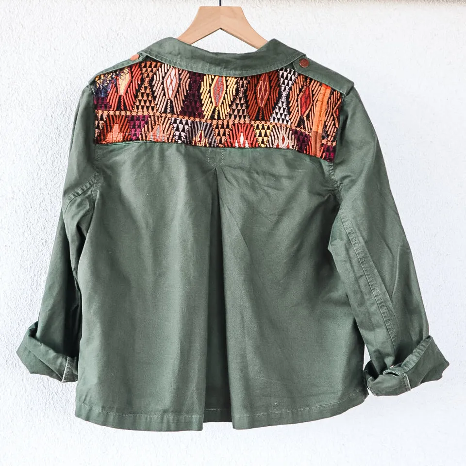 Upcycled Olive Green Jacket with Vintage Guatemalan Textile