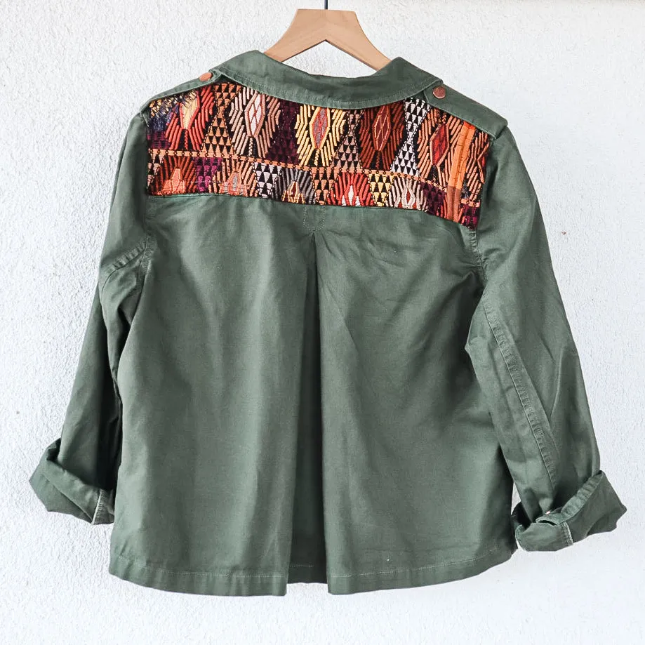 Upcycled Olive Green Jacket with Vintage Guatemalan Textile