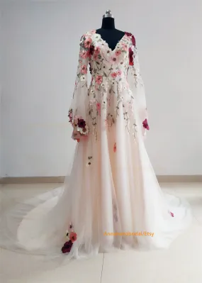 V Neck Floral Dreamy Wedding Dress