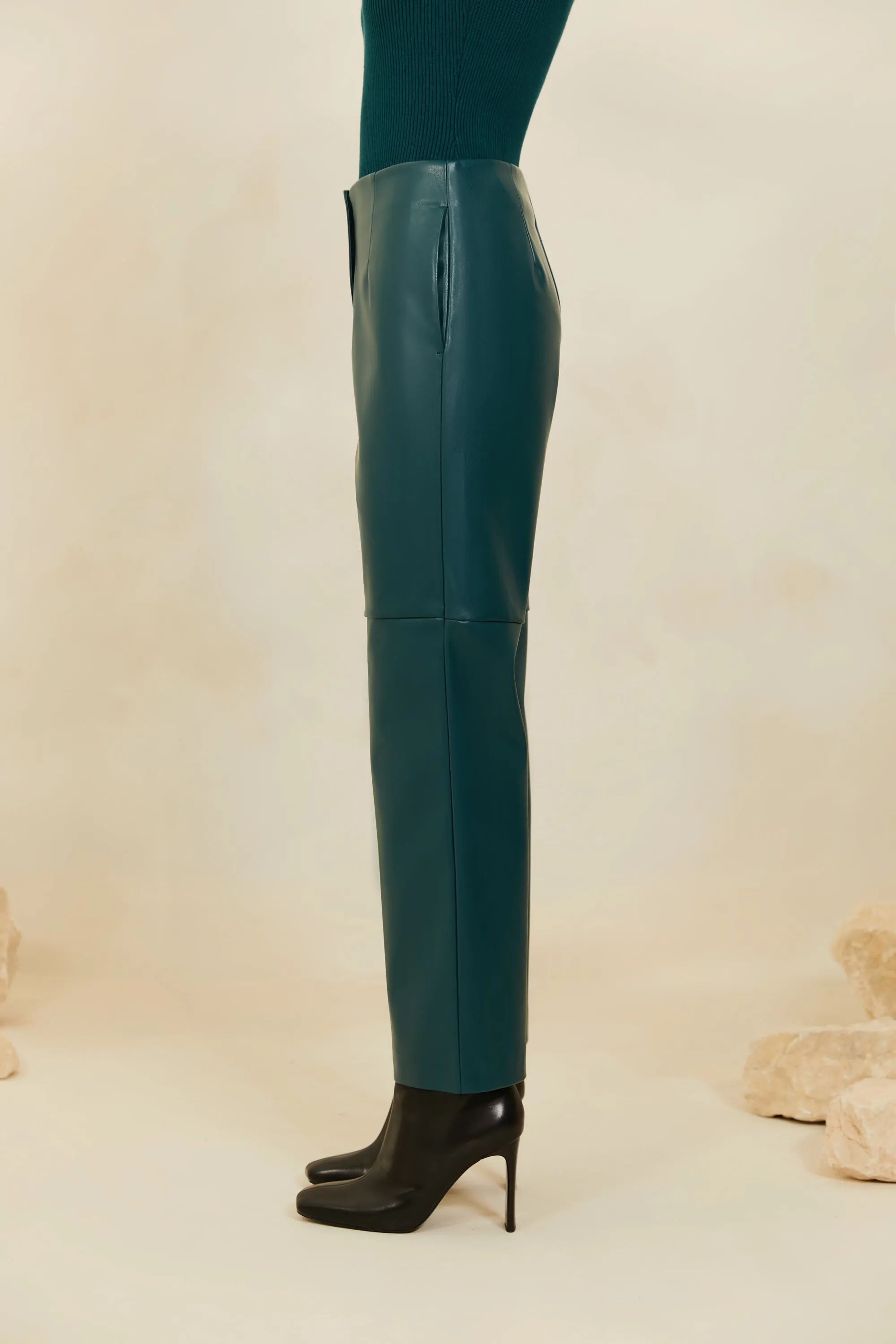 Vegan Leather Wide Leg Trousers - Deep Teal