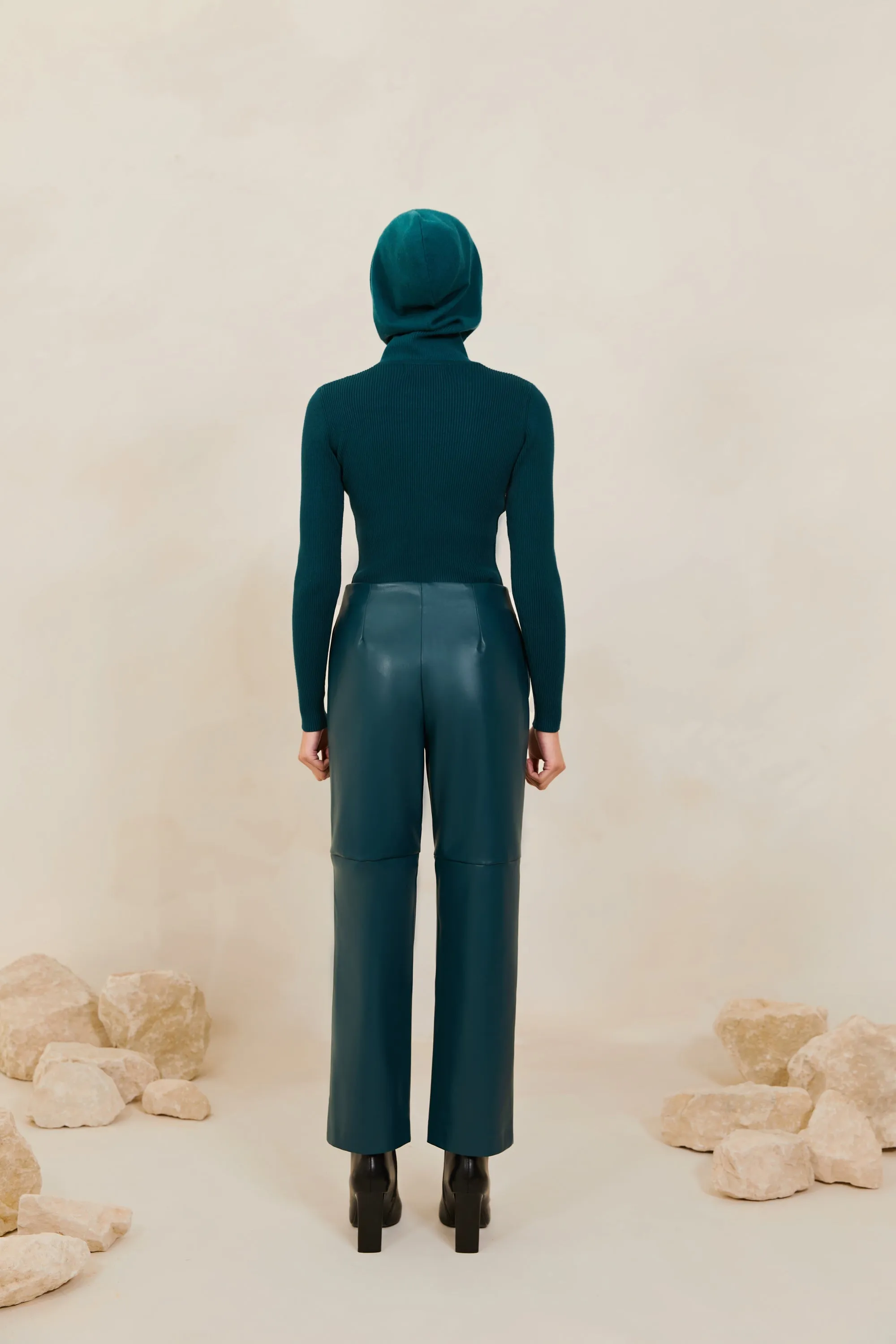 Vegan Leather Wide Leg Trousers - Deep Teal