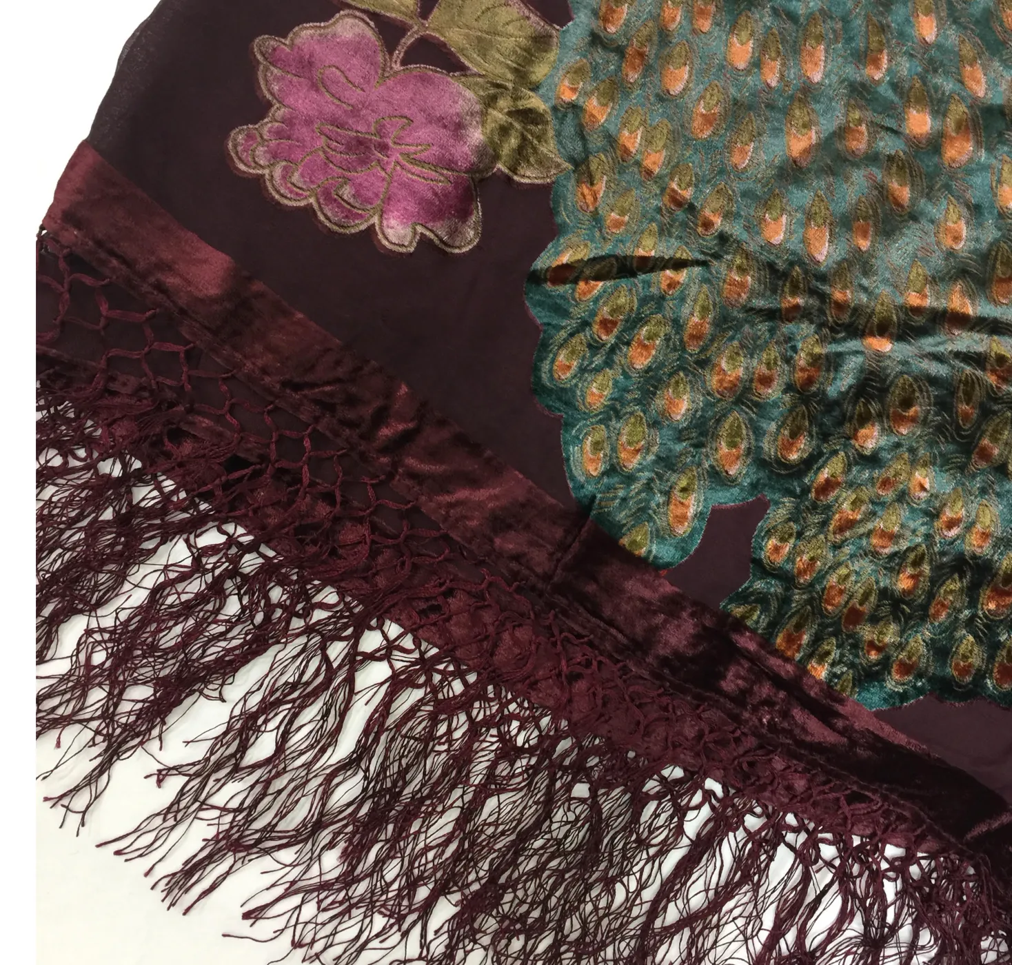 Velvet Burnout Peacock Shawl Scarf VCL88203