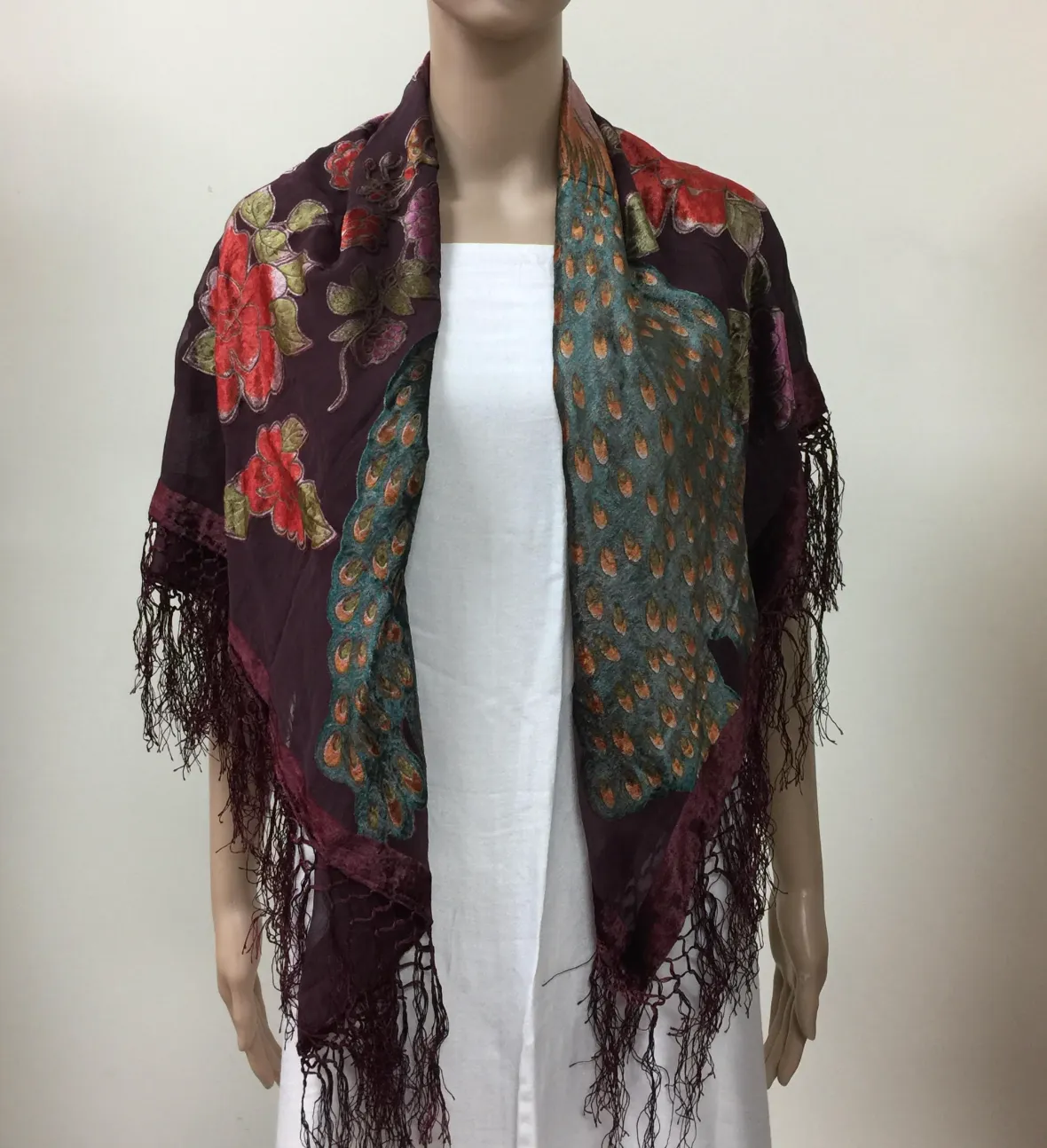 Velvet Burnout Peacock Shawl Scarf VCL88203