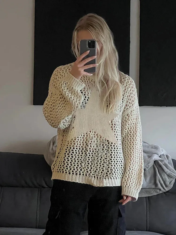 Vintage Beach Holidays Star Shape Crochet Oversize Smock Top Pullover Y2K Harajuku Chic Knit Sweaters Women Outfits