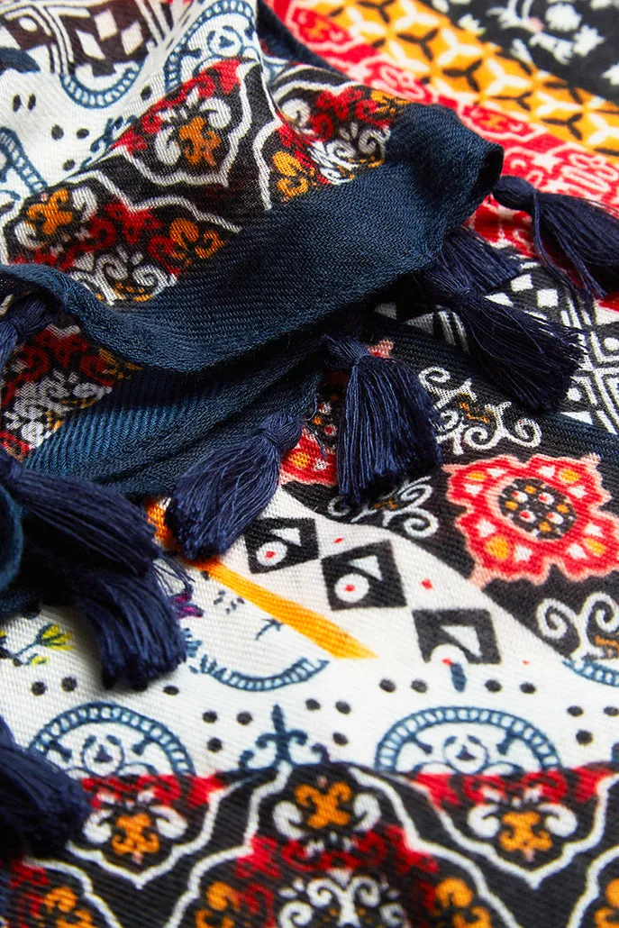 Weston Boho Floral Scarf in Red and Navy