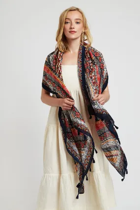 Weston Boho Floral Scarf in Red and Navy