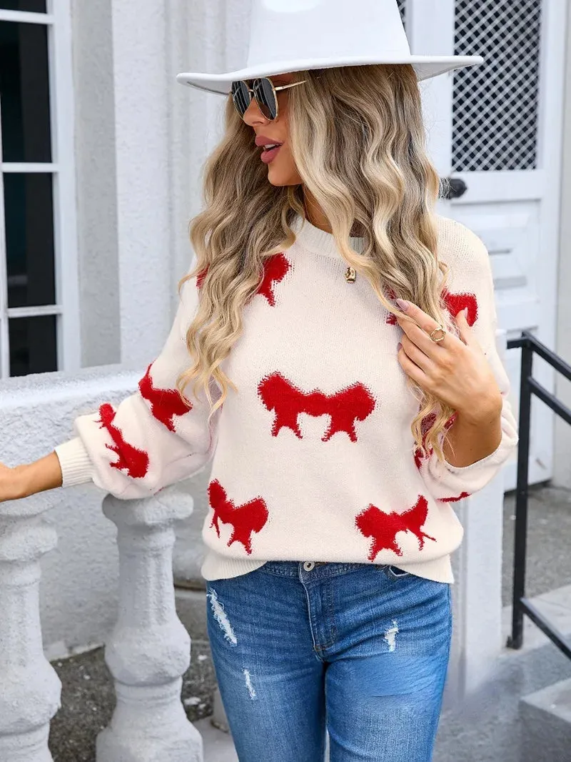 Women Playful Bow Pattern Crewneck Sweater