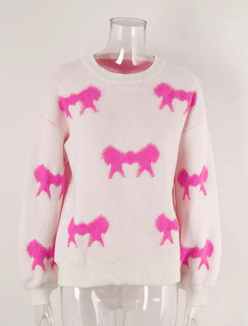 Women Playful Bow Pattern Crewneck Sweater