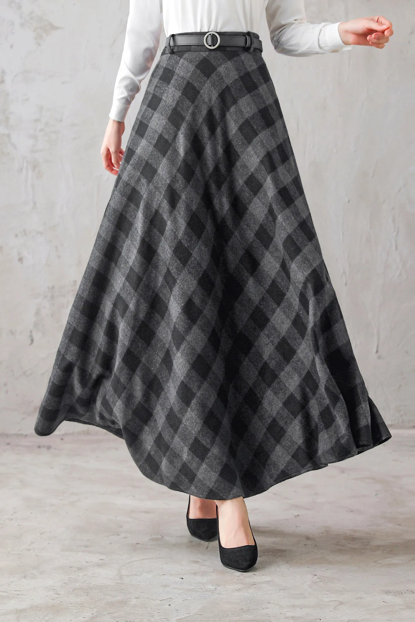 Womens A Line Woolen Plaid Maxi Retro Winter Skirt 3103