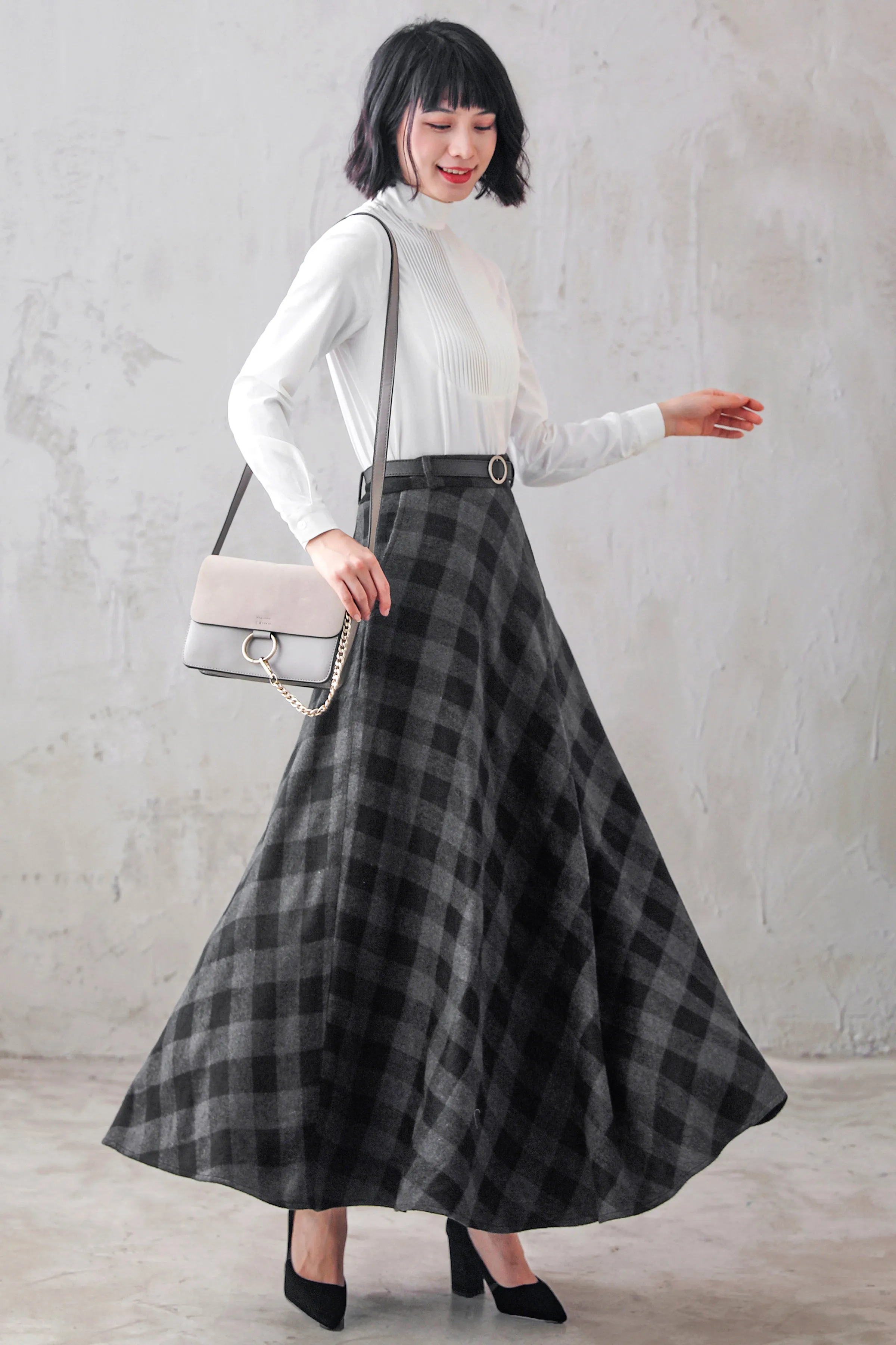 Womens A Line Woolen Plaid Maxi Retro Winter Skirt 3103