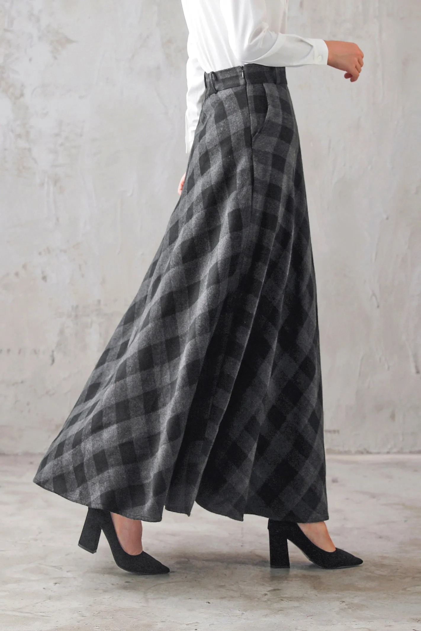 Womens A Line Woolen Plaid Maxi Retro Winter Skirt 3103