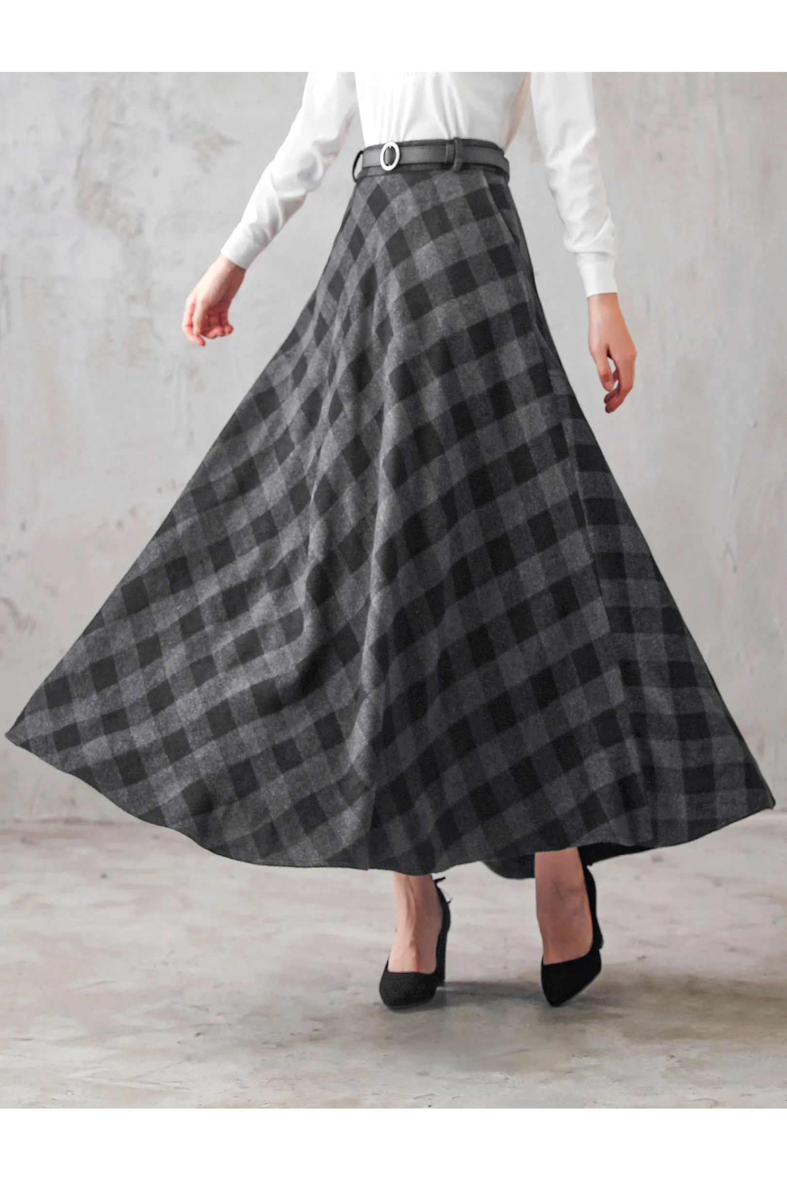 Womens A Line Woolen Plaid Maxi Retro Winter Skirt 3103