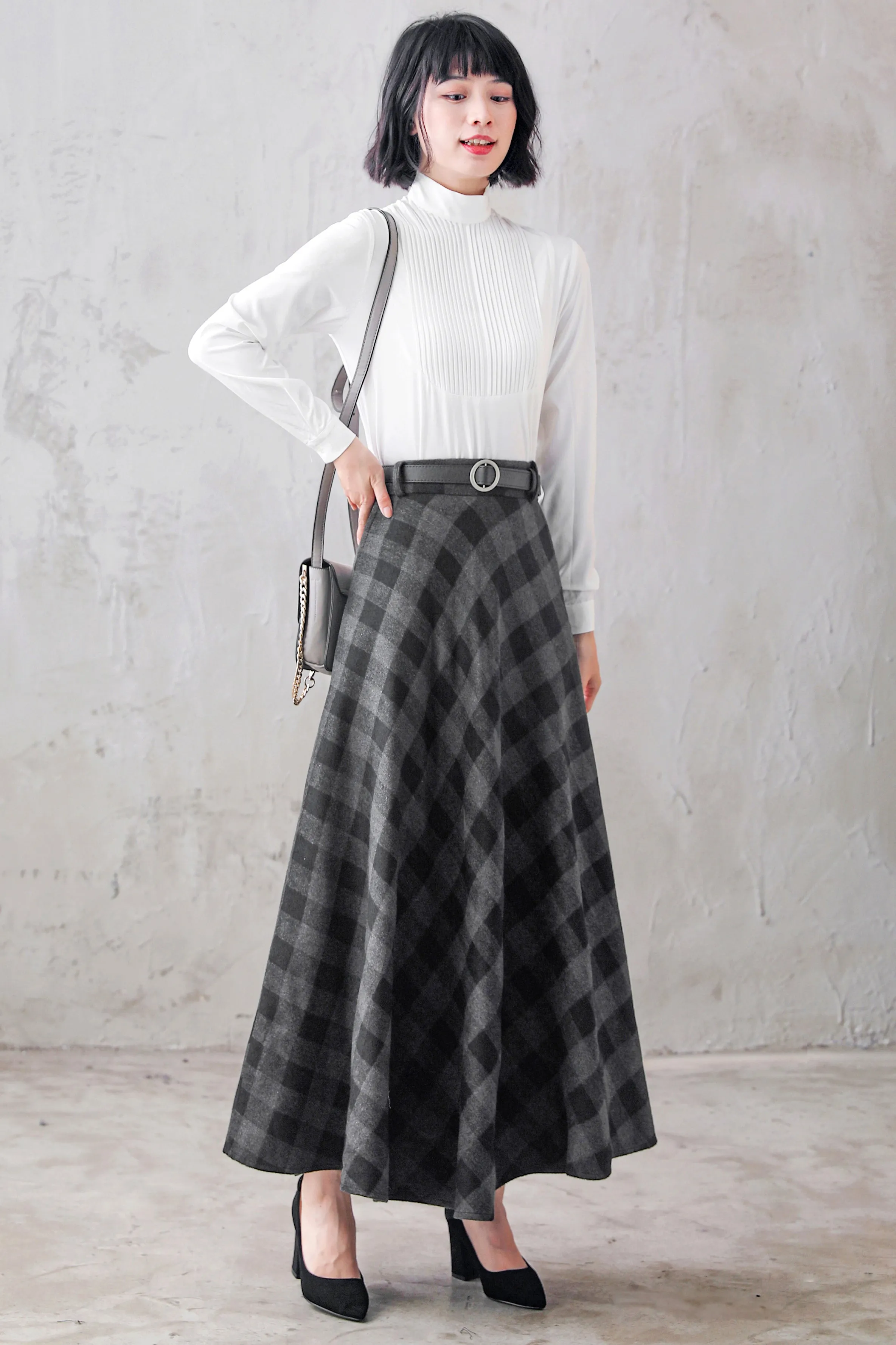 Womens A Line Woolen Plaid Maxi Retro Winter Skirt 3103