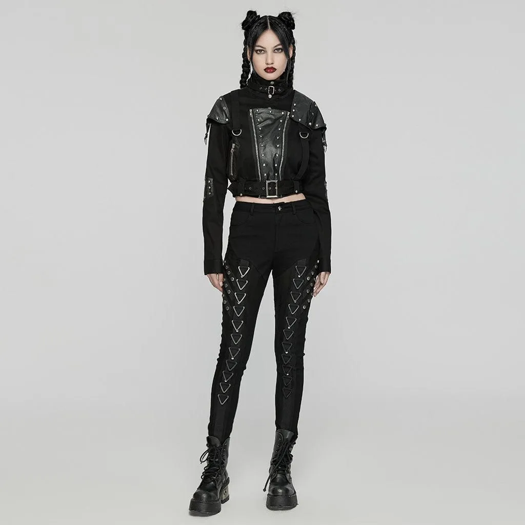 Women's Punk Triangular Buckle Splice Mesh Pants