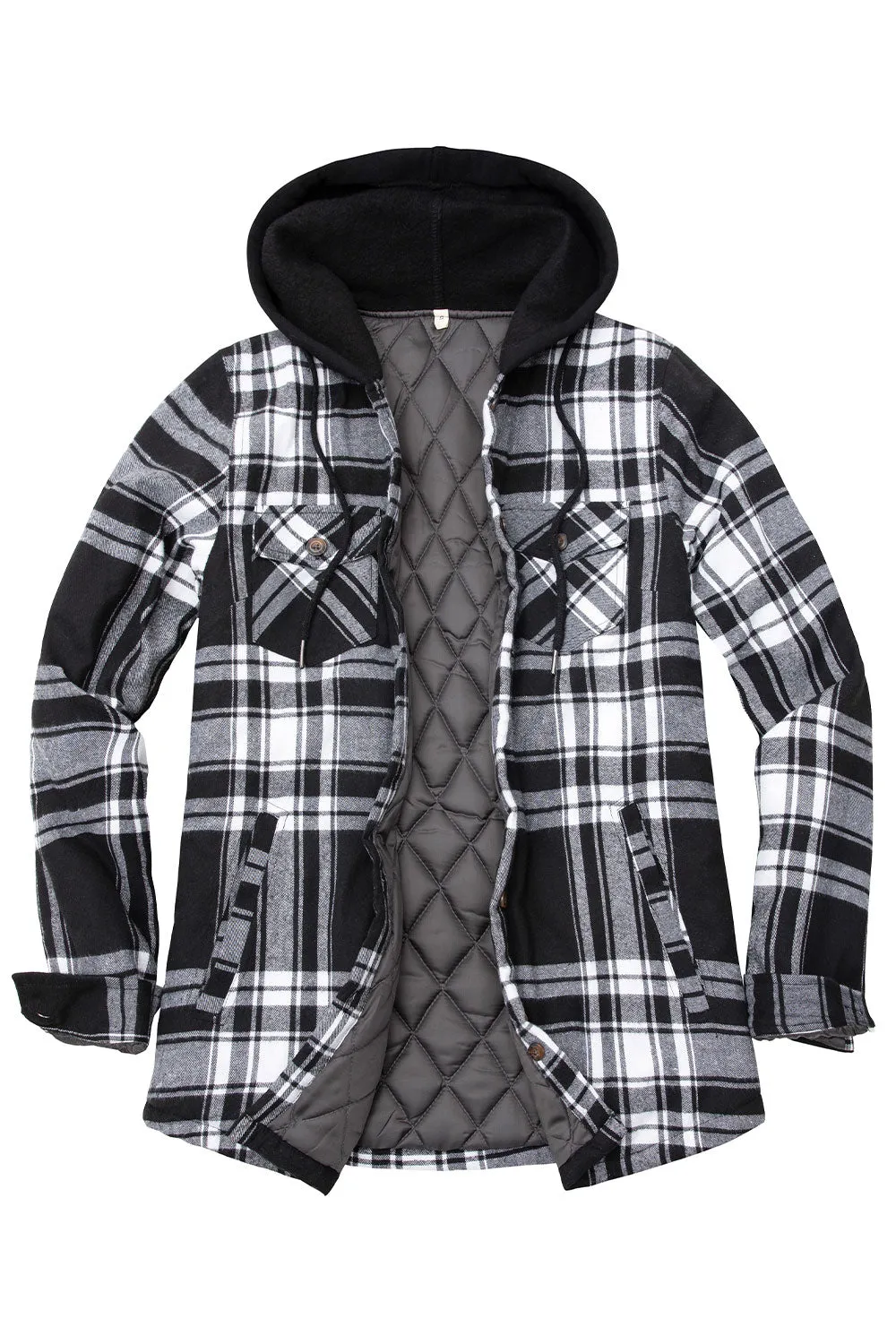 Women's Quilted Lined Hooded Plaid Flannel Shirt Jacket with Hood