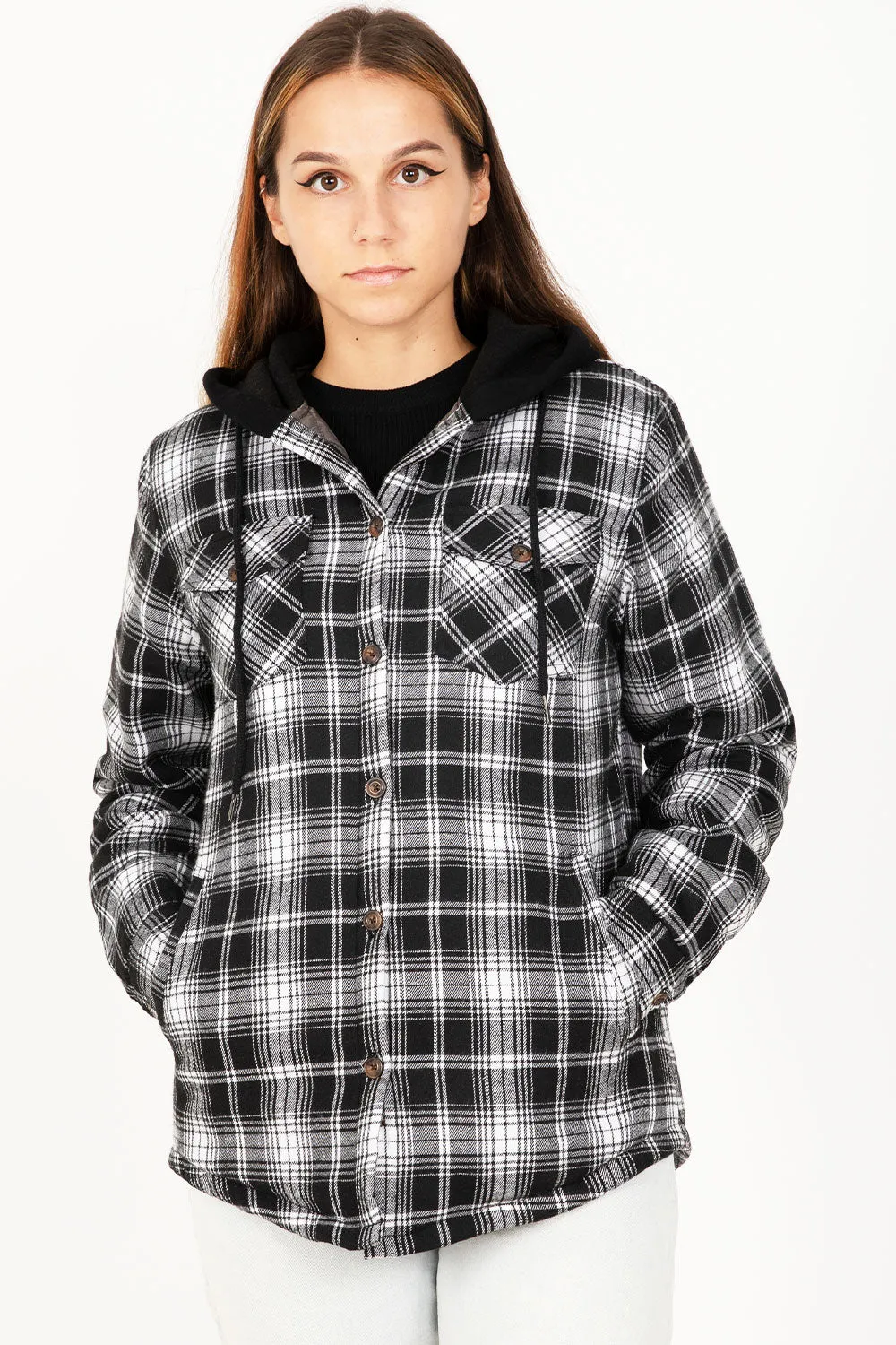 Women's Quilted Lined Hooded Plaid Flannel Shirt Jacket with Hood