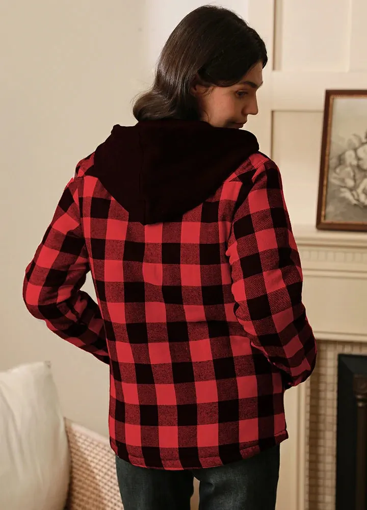 Women's Quilted Lined Hooded Plaid Flannel Shirt Jacket with Hood