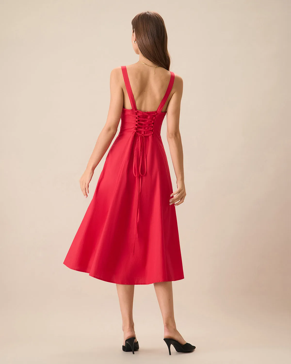 Women's Red Square Neck Ruched Slip Midi Dress