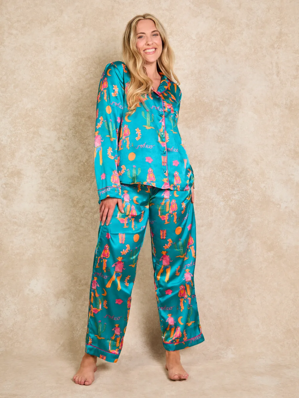 Womens Satin Traditional Pyjamas Neon Cowboy