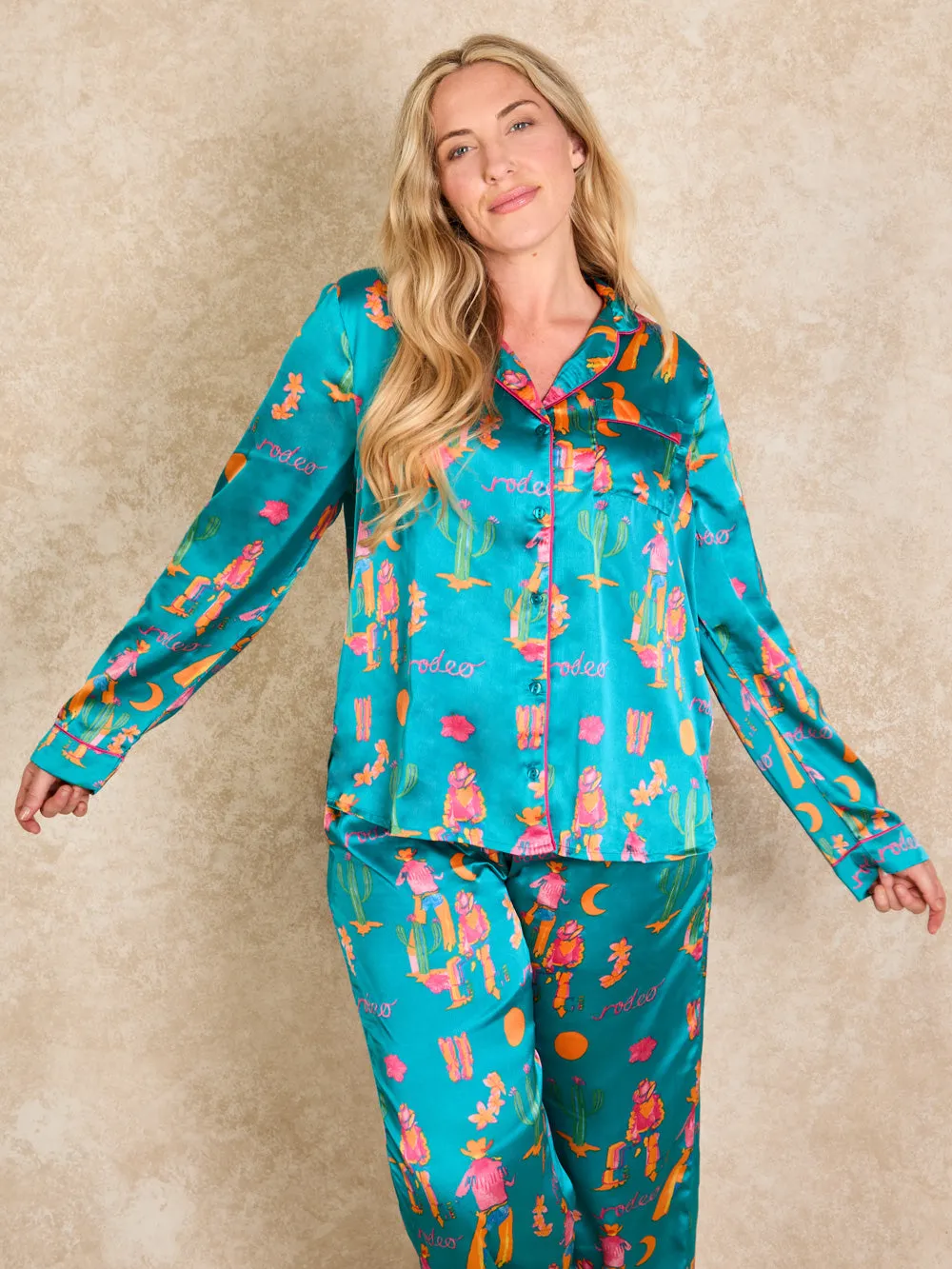 Womens Satin Traditional Pyjamas Neon Cowboy