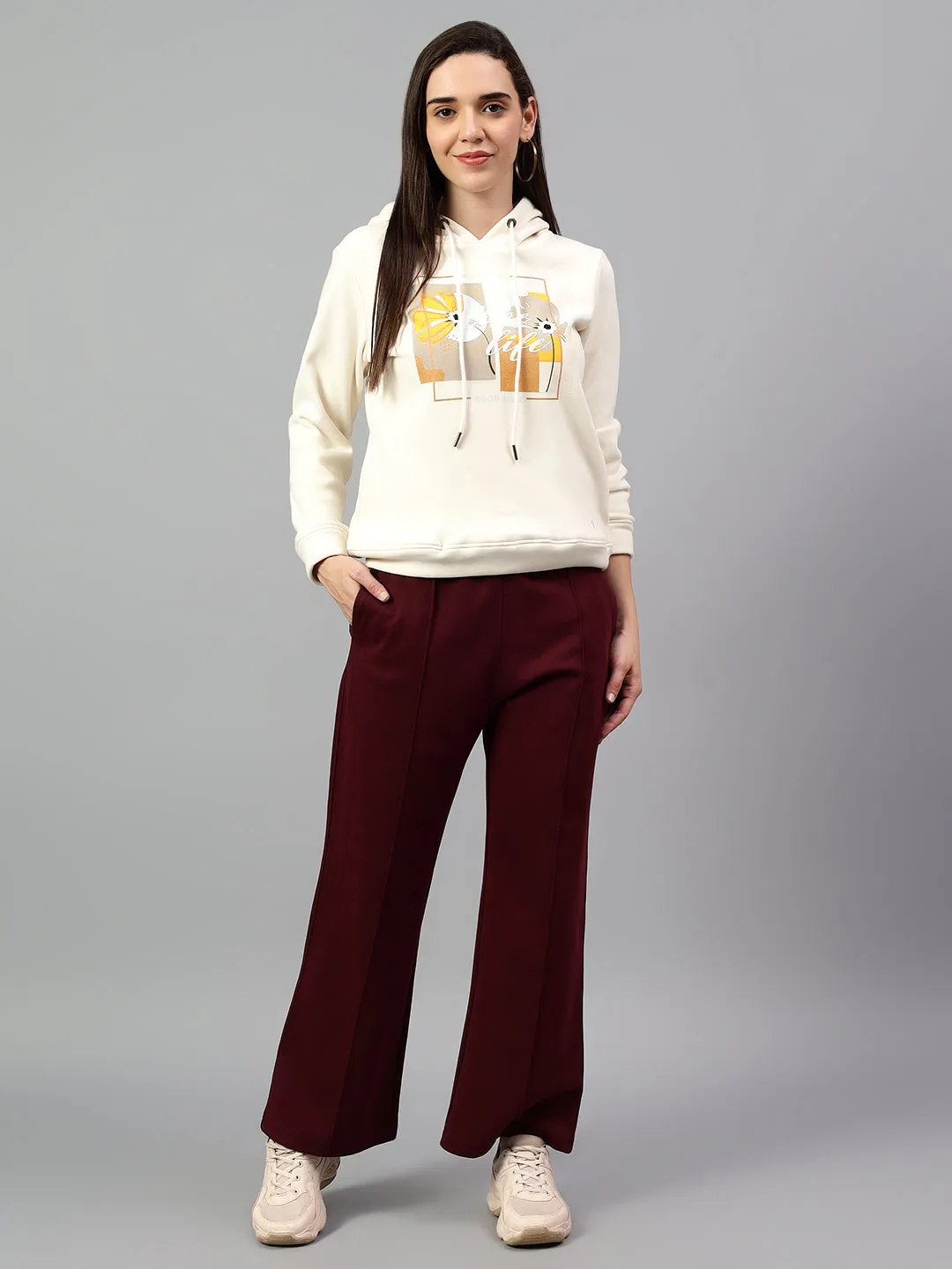 Women's Wine Solid Casual Winter Trouser