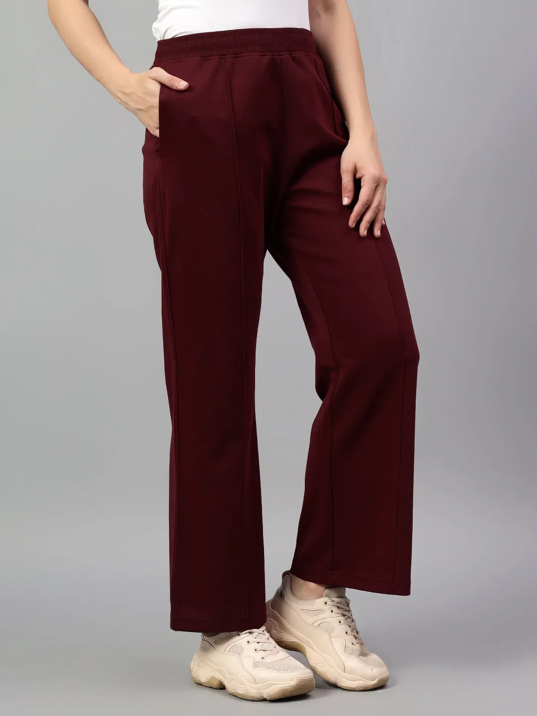 Women's Wine Solid Casual Winter Trouser