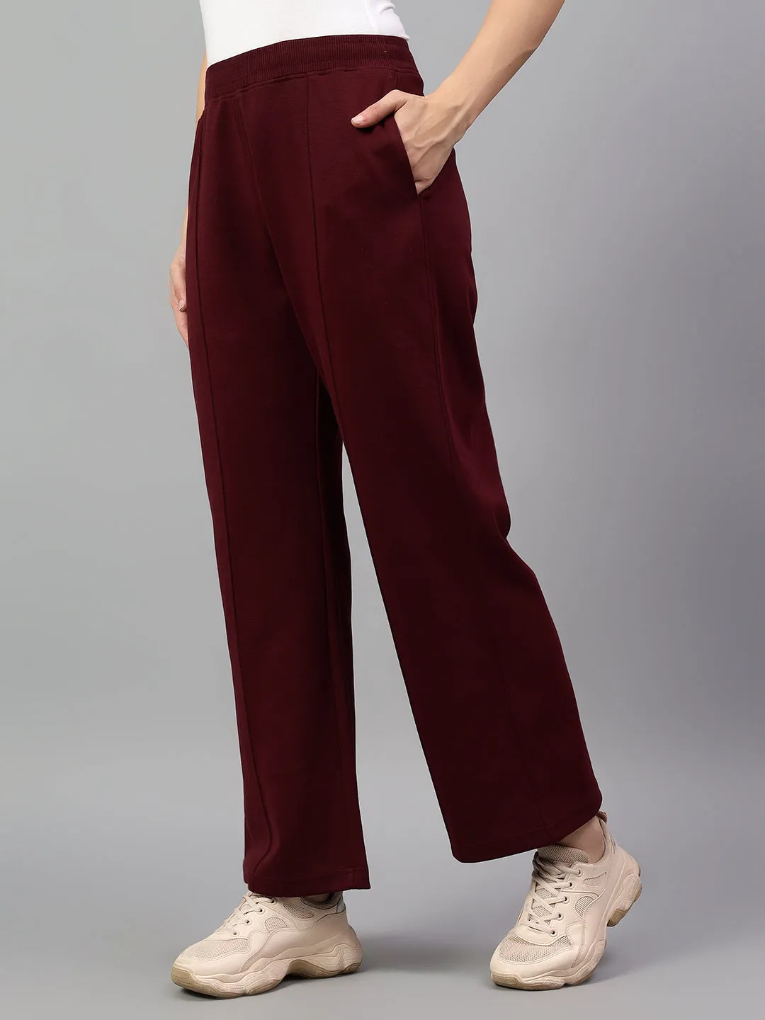 Women's Wine Solid Casual Winter Trouser