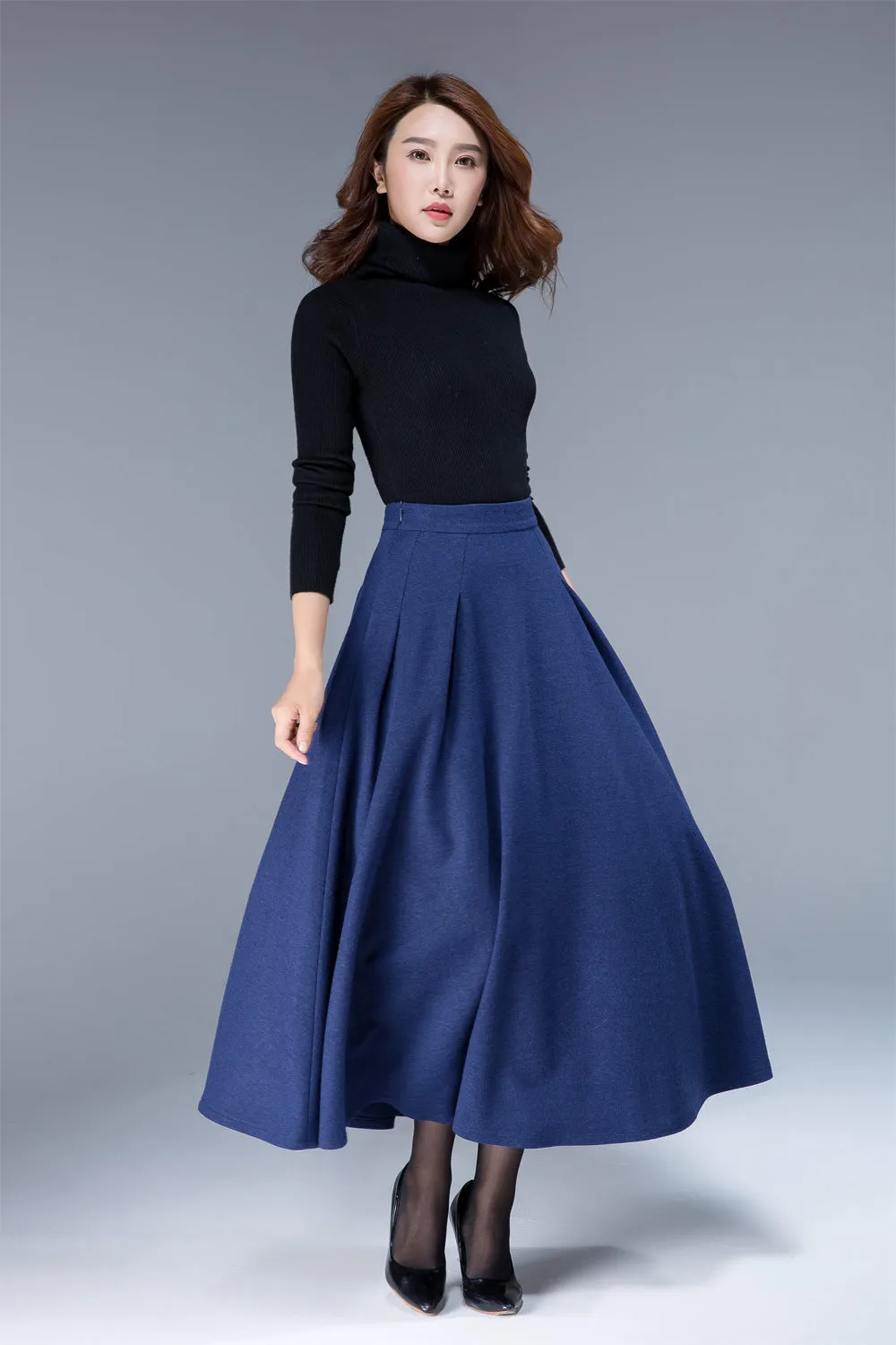 wool skirt,winter skirt, maxi skirt, pleated skirt, pockets skirt  1806