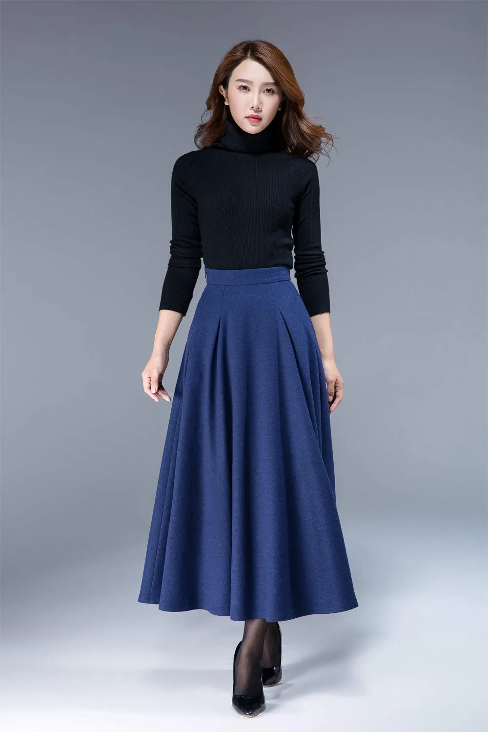 wool skirt,winter skirt, maxi skirt, pleated skirt, pockets skirt  1806