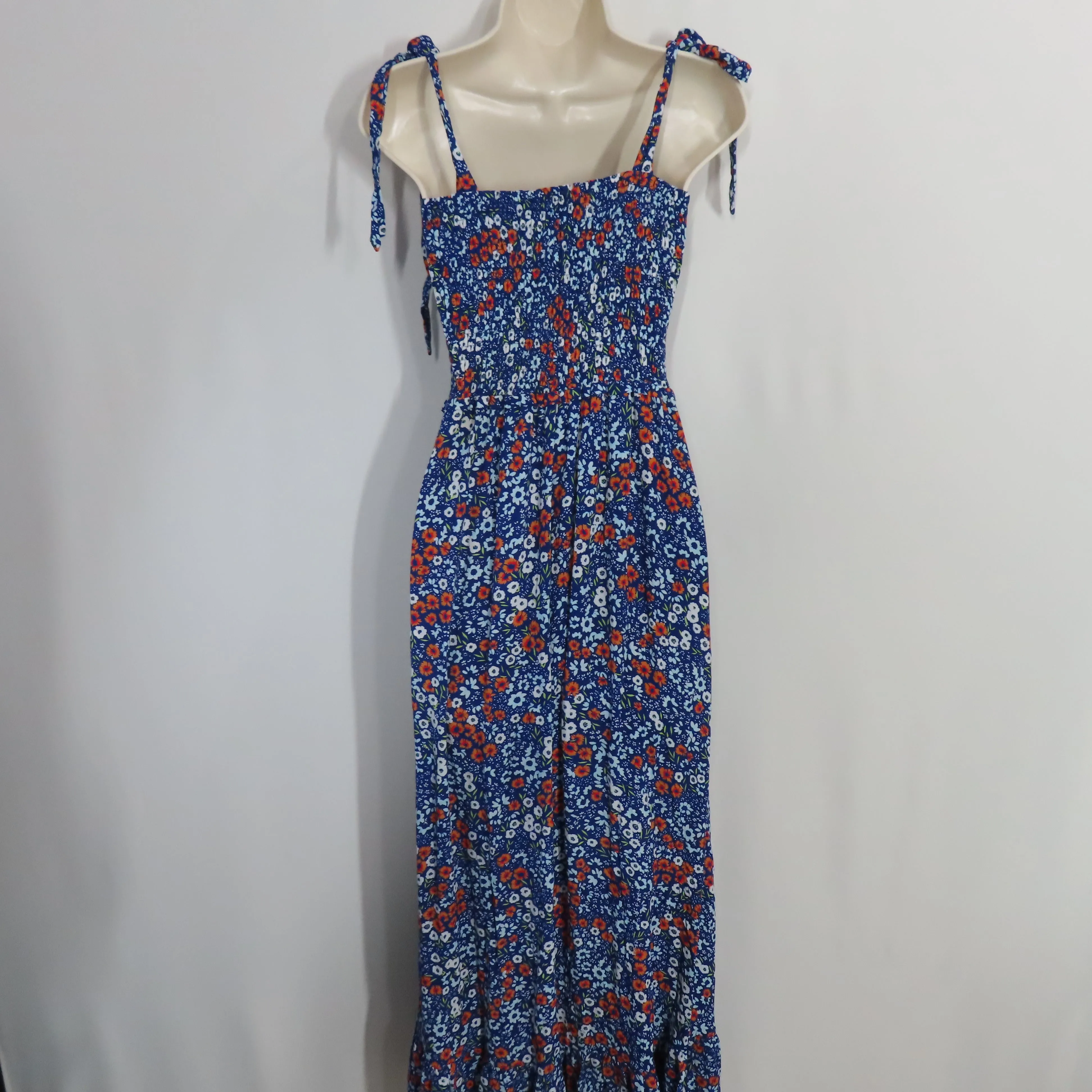 Yumi Kim Blue Floral Laurel Maxi Dress Blossom Navy Tie Straps Smocked Top Size Small