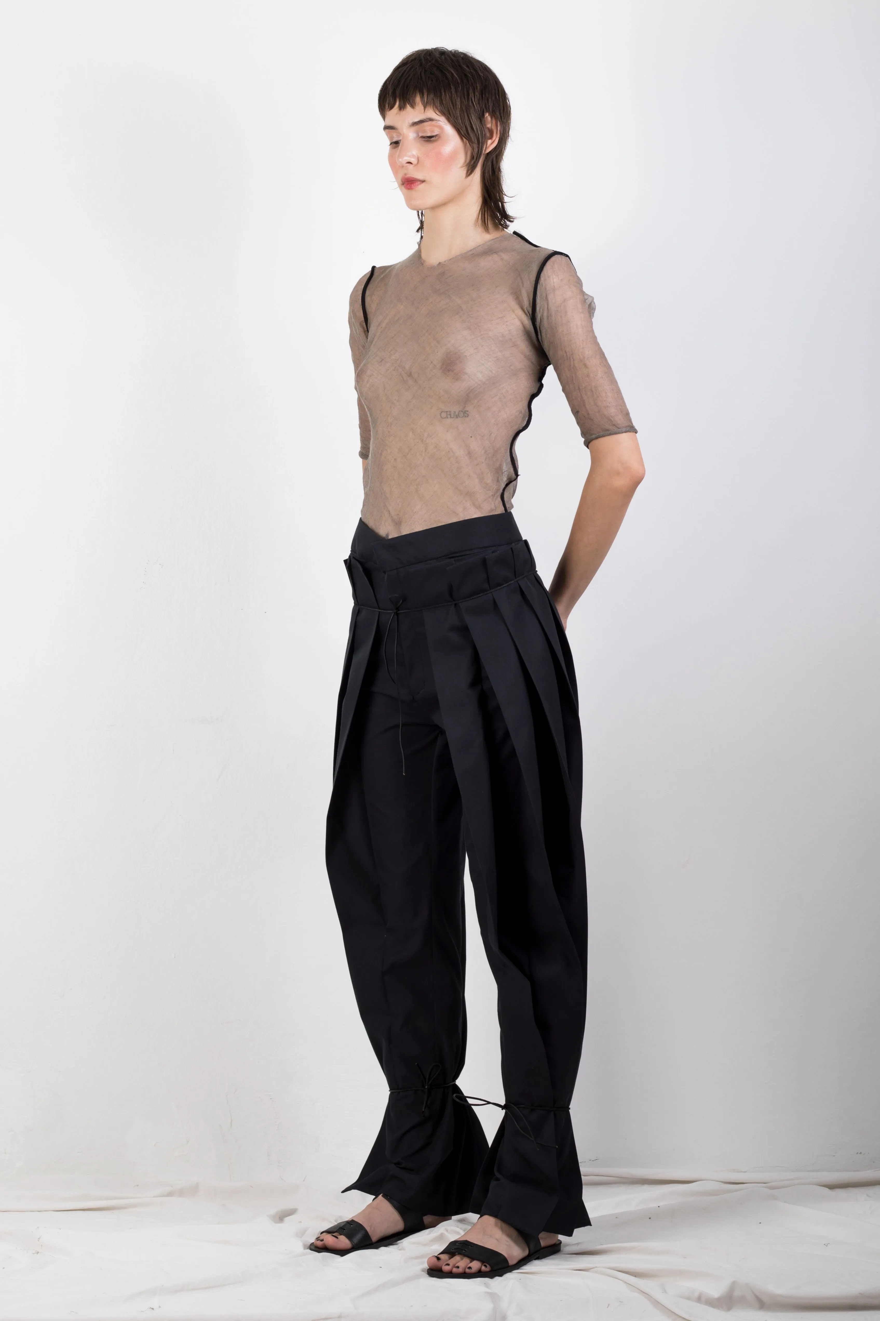 Zero waste pleated twill trousers