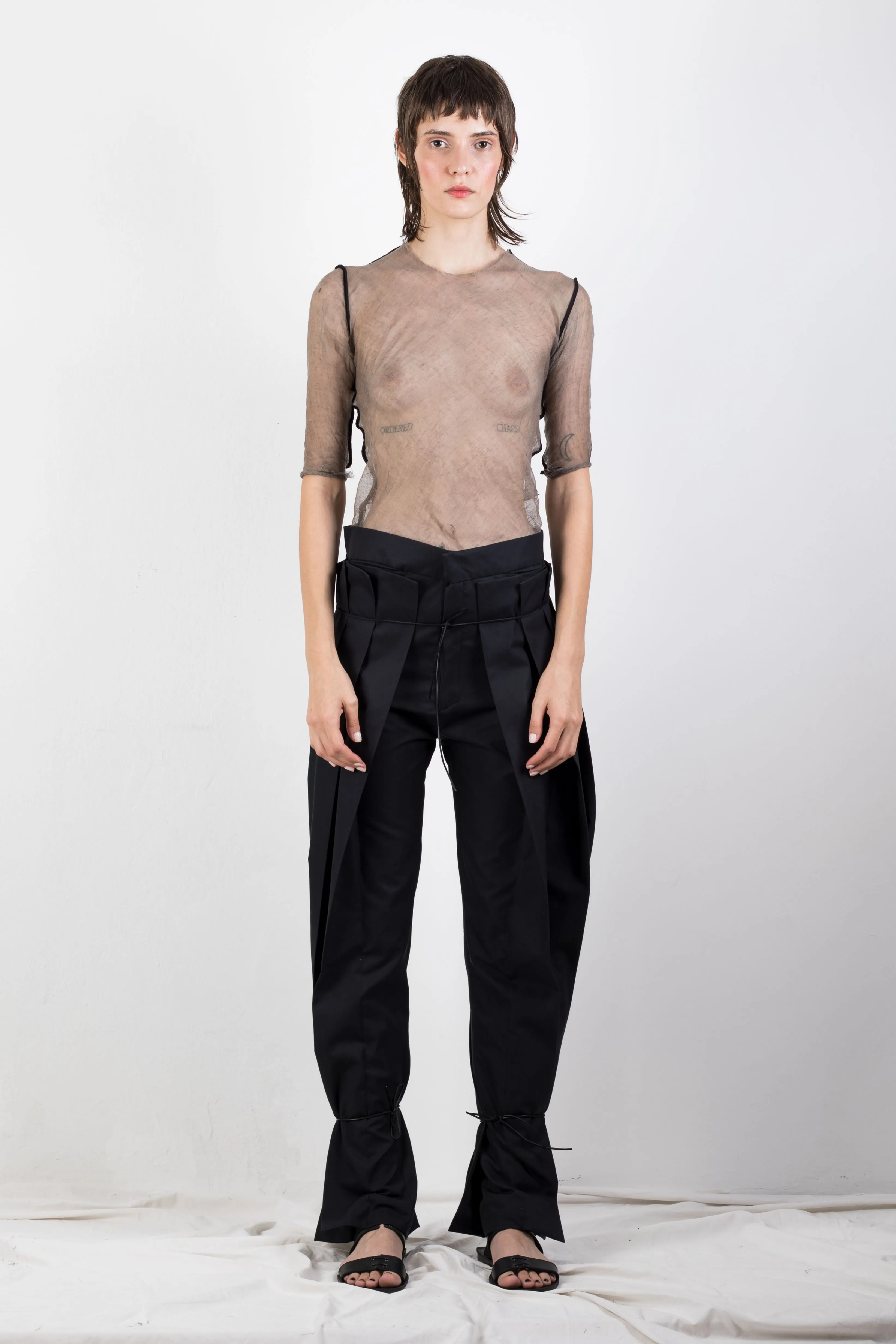 Zero waste pleated twill trousers